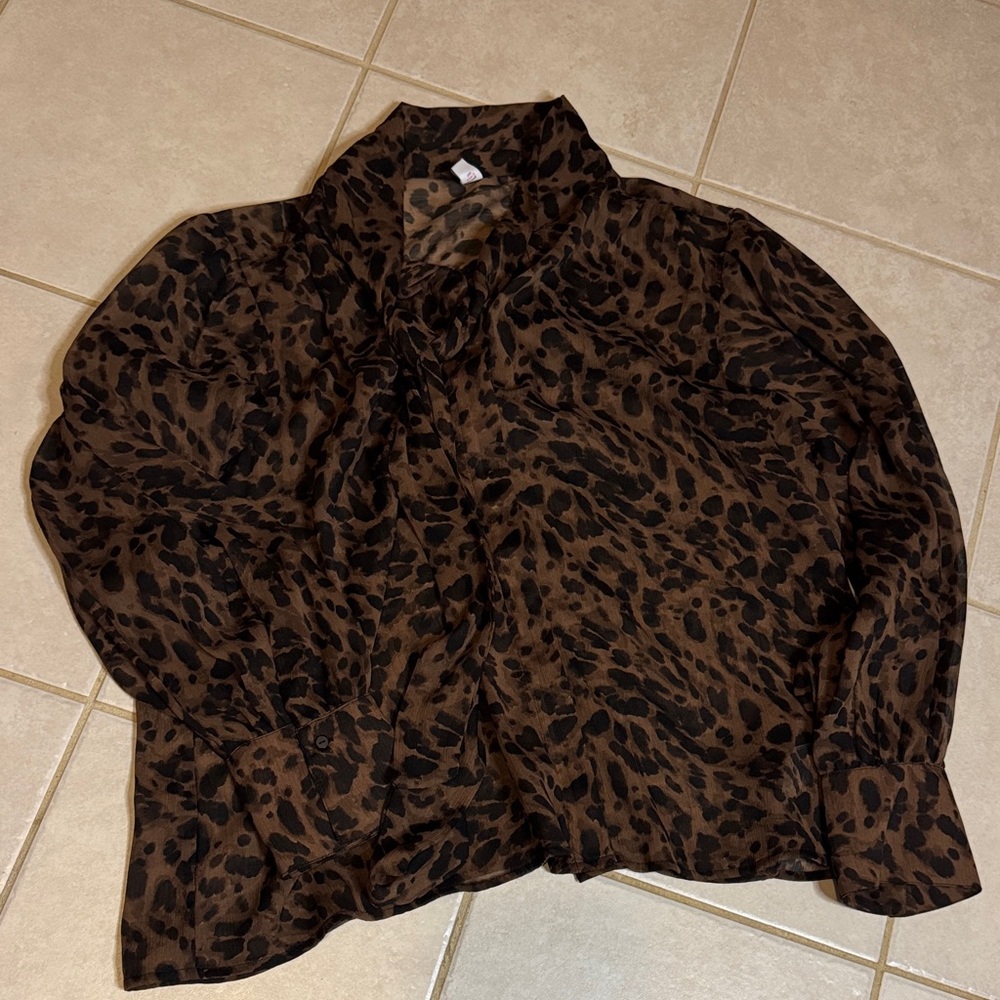 Leopard Long-Sleeve Tie-Neck Chiffon Top